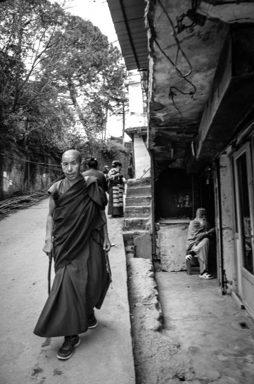 “Love and compassion are necessities, not luxuries. Without them, humanity cannot survive.”― Dalai Lama A Buddhist monk walks through a narrow alley while a Hindu Sadhu sits by a local store along McLeod Ganj. There are over a billion people in India but the tolerance for other religions is fairly strong. Dalai Lama Temple, McLeod Ganj, Dharamsala India November 2015